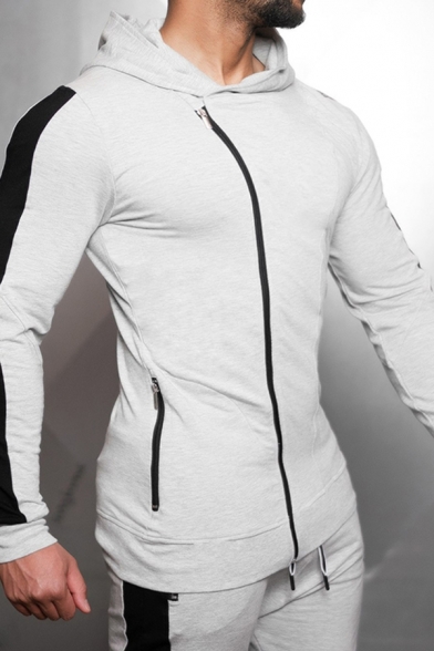 Training Guys Long Sleeve Asymmetric Zipper Front Color Block Fitted Hoodie with Drawstring Sweatpants
