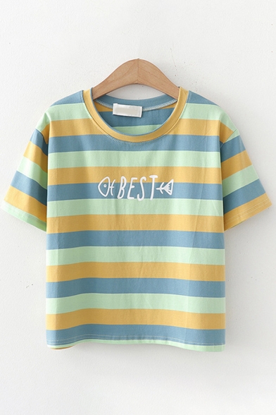 Trendy Girls Short Sleeve Round Neck Letter BEST Fish Stripe Graphic Relaxed Fit T-Shirt