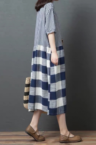 Trendy Girls Short Sleeve Round Neck Plaid Printed Patchwork Linen and Cotton Maxi Oversize Dress in Blue