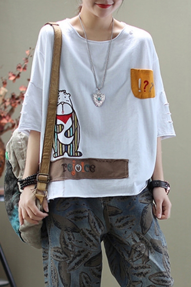Vintage Womens Short Sleeve Round Neck Cartoon Animal PEJOICE Punctuations Embroidery Patchwork Color Block Ripped Slit Relaxed Tee