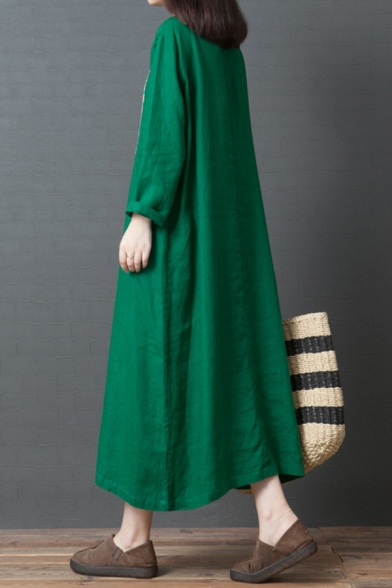 Womens Vintage Long Sleeve Round Neck Floral Pattern Patched Linen Maxi Oversize Dress in Green