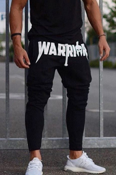 Chic Popular Mens Drawstring Waist Letter WARRIOR Print Ankle Length Tapered Fit Sweatpants