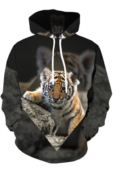 Cool Street Boys Long Sleeve Drawstring Tiger 3D Printed Pouch Pocket Loose Hoodie in Black
