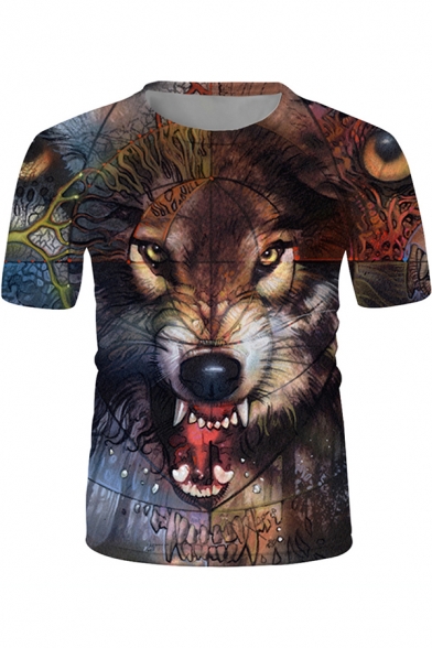 Cool Trendy Short Sleeve Crew Neck Wolf 3D Pattern Loose T Shirt in Brown
