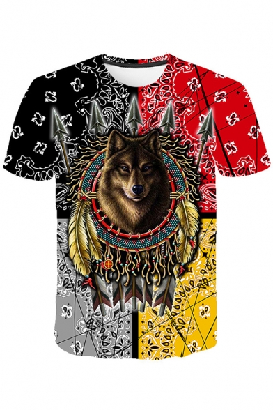 Ethnic Tribal Mens Short Sleeve Crew Neck Wolf Floral Pattern Color Block Relaxed Fit Tee Top in Black