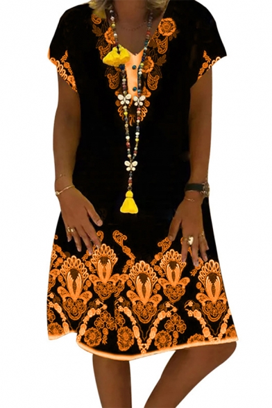 Ethnic Womens Short Sleeve V-Neck Floral Patterned Short A-Line T Shirt Dress