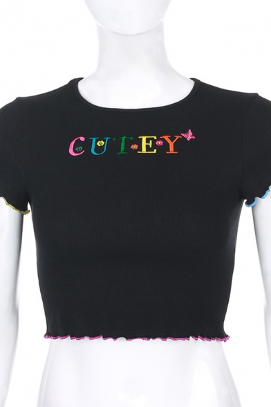 Girls Fashionable Short Sleeve Crew Neck CUTEY Letter Embroidered Stringy Selvedge Fitted Crop T-Shirt in Black