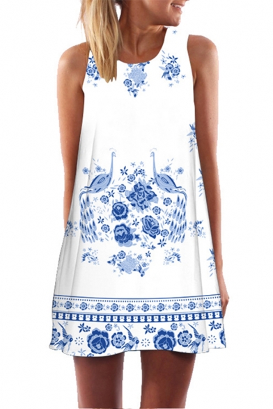 Ladies Ethnic Sleeveless Round Neck Floral Patterned Mini A-Line Tank Dress in White