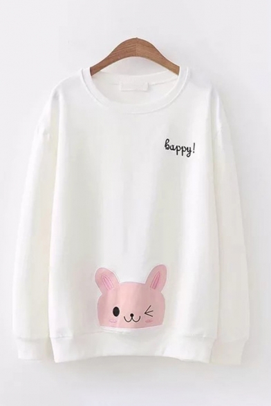 Leisure Girls Long Sleeve Round Neck Letter HAPPY Rabbit Embroidery Relaxed Pullover Sweatshirt