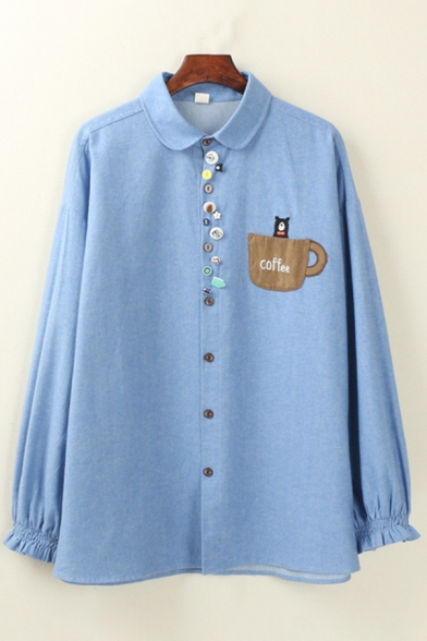 Leisure Trendy Womens Long Sleeve Lapel Collar Button Down Bear Cup Letter COFFEE Embroidered Loose Fit Shirt
