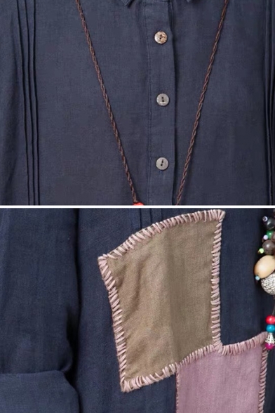 Leisure Womens Long Sleeve Lapel Collar Button Up Panel Color Block Linen Maxi Oversize Shirt Dress in Blue
