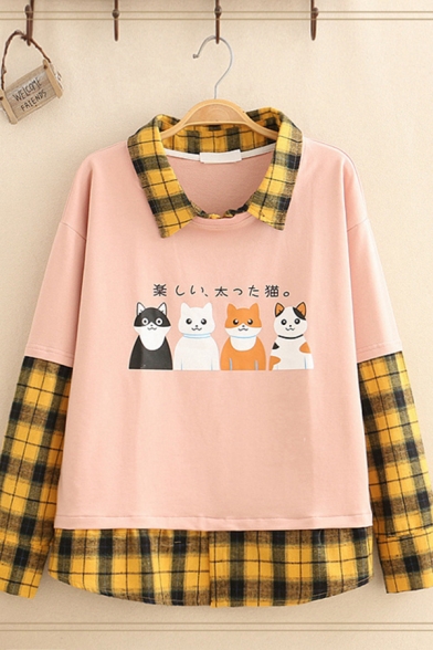 Novelty Girls Long Sleeve Lapel Neck Japanese Letter Cat Graphic Checker Printed Patched Relaxed Pullover Sweatshirt