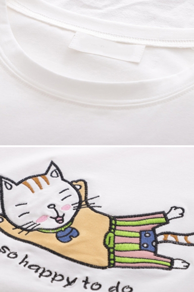 Preppy Looks Short Sleeve Round Neck Letter SO HAPPY TO DO Cat Embroidered Relaxed Tee Top for Women
