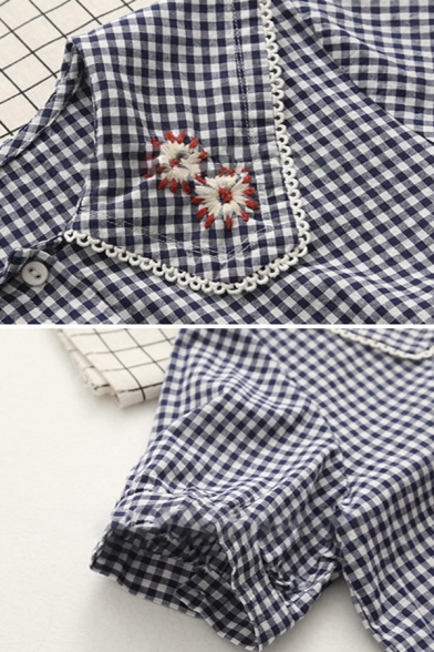 Pretty Girls Short Sleeve Peter Pan Collar Button Down Floral Embroidered Plaid Print Ruffled Long Swing Dress
