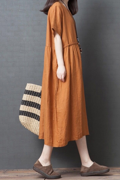 Pretty Girls Short Sleeve Round Neck Solid Color Cotton and Linen Tied Waist Maxi Swing Dress