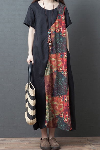 Retro Style Womens Short Sleeve Round Neck Flower Patterned Patched Cotton and Linen Maxi Oversize Dress in Black