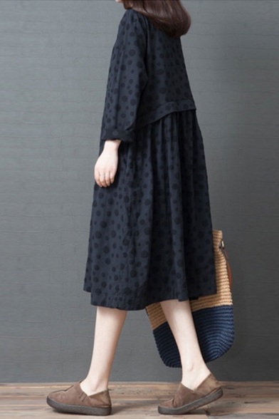 Simple Leisure Roll Up Sleeve Stand Collar Button Down Polka Dot Printed Cotton and Linen Long Oversize Dress for Women