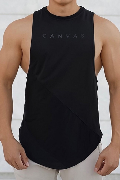 Sport Solid Color Sleeveless Crew Neck Patchwork Curved Hem Relaxed Tank Top for Mens