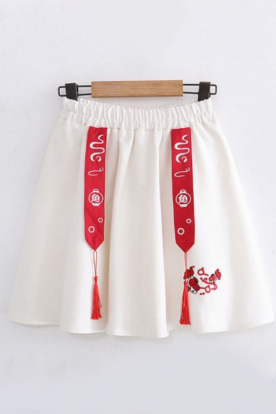 Vintage Girls Elastic Waist Chinese Letter Cartoon Embroidered Tape Tassel Short Pleated A-Line Skirt