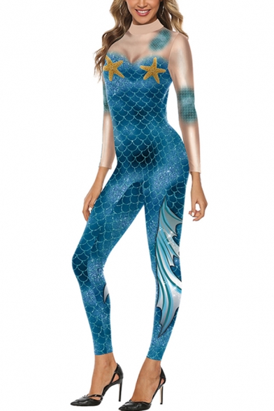 Amazing Womens Long Sleeve Mock Neck Fish Scales Starfish Pattern Color Block Ankle Slim Fit Stretchy Jumpsuits in Blue