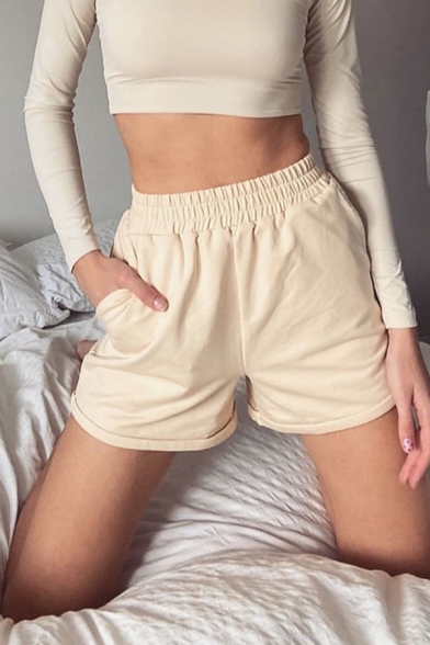 Athletic Womens Elastic Waist Solid Color Rolled Edge Relaxed Shorts