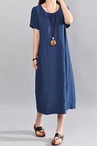Casual Vintage Solid Color Short Sleeve Round Neck Cotton and Linen Maxi Oversize Dress for Girls
