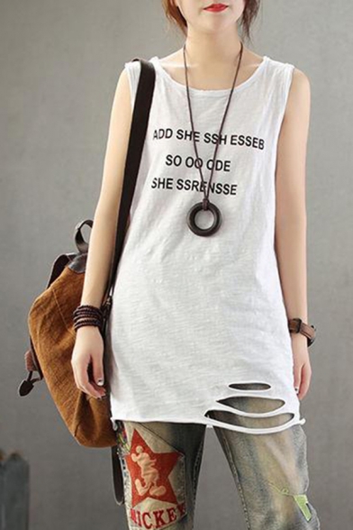 Chic Street Girls Sleeveless Round Neck Letter ADD SHE SSH ESSEB SO OO ODE SHE SSRENSSE Printed Roll Edge Distressed Tunic Loose Tank in White