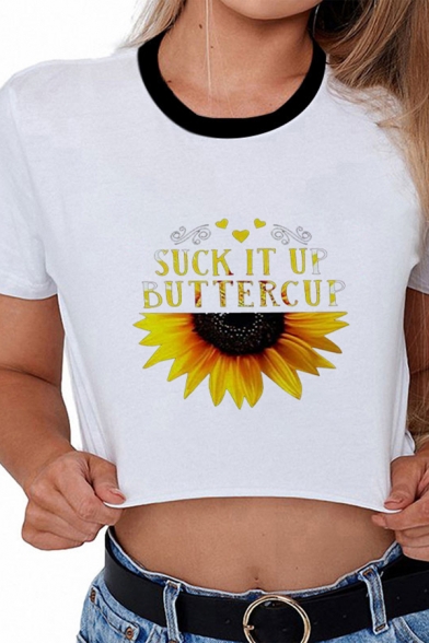 Chic Street Style Girls White Short Sleeve Crew Neck SUCK IT UP BUTTERCUP Sunflower Graphic Contrasted Fit Crop T-Shirt