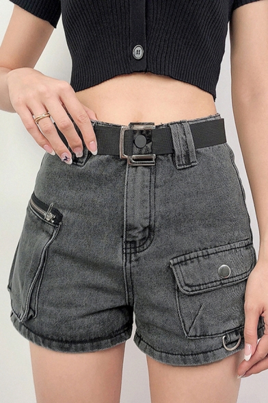 

Cool Fashion Womens Black High Waist Flap Pocket Zipper Slim Fit Denim Shorts, LM612298