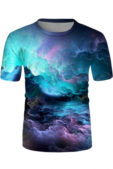 Creative Mens Short Sleeve Round Neck Abstract Painting 3D Pattern Relaxed Tee Top in Blue