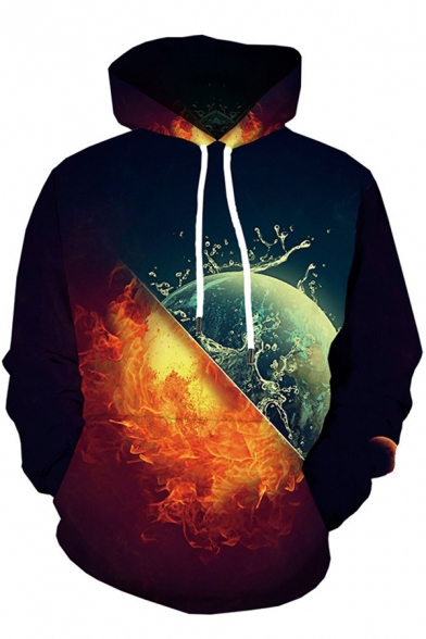 Designer Boys Long Sleeve Drawstring Planet Flame Water 3D Pattern Relaxed Fit Black Hoodie with Pocket