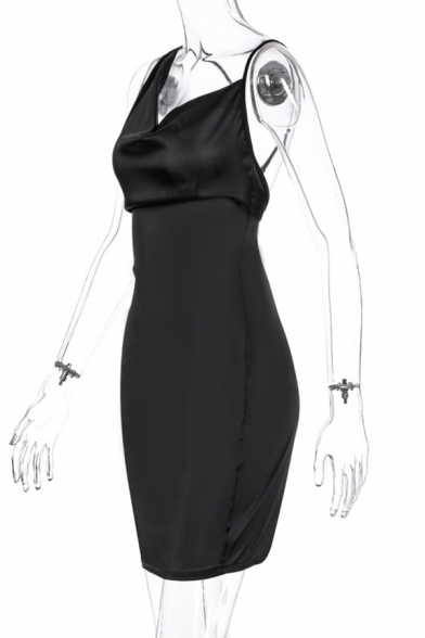 Elegant Ladies Solid Color Sleeveless Cowl Neck Asymmetric Mini Sheath Dress