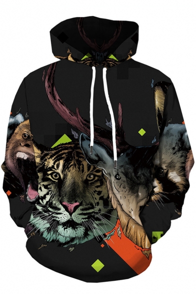 Fashionable Mens Long Sleeve Drawstring Tiger Deer 3D Patterned Pouch Pocket Relaxed Hoodie in Black