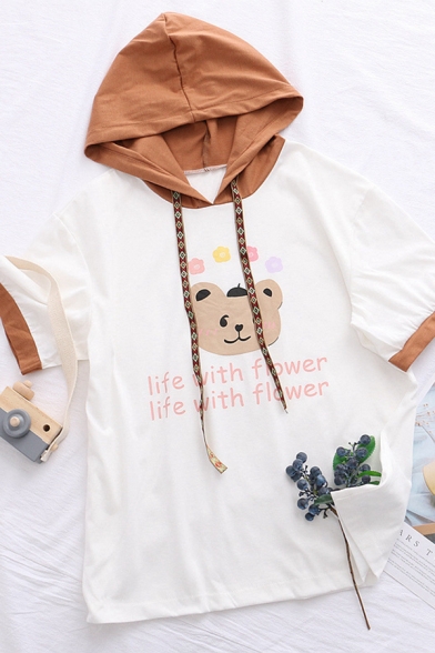 Fashionable Womens Short Sleeve Hooded Drawstring Bear Letter LIFE WITH FLOWER Graphic Contrasted Regular Fit Tee in White