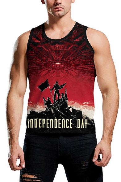 Mens Sleeveless Round Neck Letter INDEPENDENCE DAY Graphic Fitted Tank Top in Red