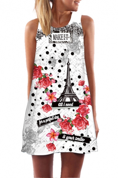 Womens Sleeveless Round Neck Digital Floral Pattern Short A-Line Tank Dress in White