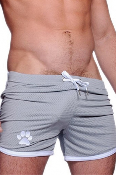 Leisure Mens Drawstring Waist Paw Patterned Contrasted Piped Breathable Fitted Shorts