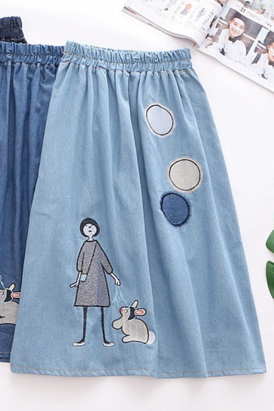 Lovely Casual Girls Elastic Waist Cartoon Girl Rabbit Embroidery Long Length A-Line Skirt