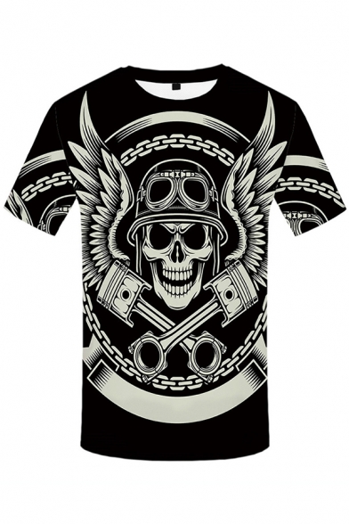Punk Boys Black Short Sleeve Round Neck Skull Wings Printed Loose Fit T Shirt