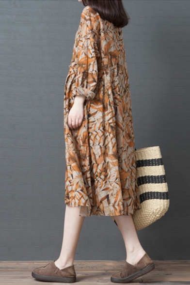 Retro Casual Womens Roll Up Sleeve Round Neck Allover Leaf Printed Linen and Cotton Long Oversize Dress
