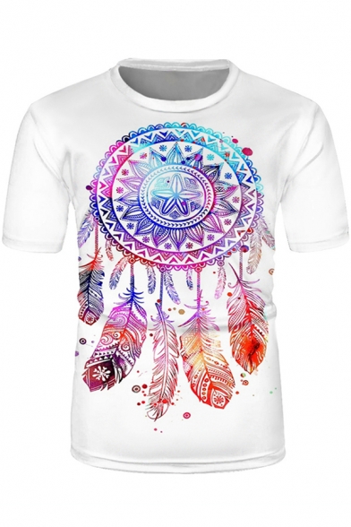 Simple Fancy Guys Short Sleeve Crew Neck Tribal Dream Catcher Printed Relaxed T Shirt in White
