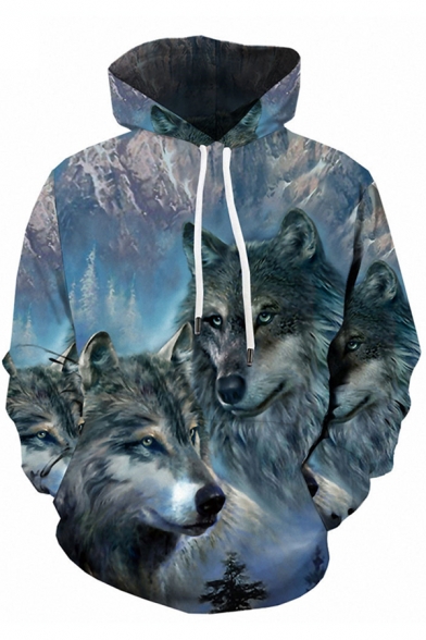 Streetwear Boys Blue Long Sleeve Drawstring Wolf 3D Printed Relaxed Fit Hoodie with Pocket