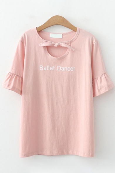 Stylish Ladies Short Sleeve Bow Tie Neck Letter BALLET DANCER Cut Out Ruffled Relaxed T Shirt