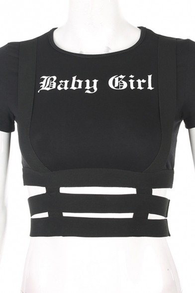 Unique Fashion Black Short Sleeve Round Neck Letter BABY GIRL Bandage Hollow Out Fitted Crop Tee for Women