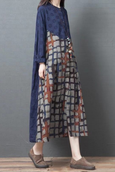 Unique Trendy Navy Long Sleeve V-Neck Button Down Floral Plaid Allover Printed Patchwork Cotton and Linen Maxi Oversize Dress for Women