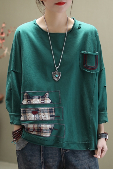 

Vintage Streetwear Girls Long Sleeve Round Neck Ripped Stripe Plaid Cat Embroidery Patched Roll Edge Irregular Loose Fit T Shirt, Green;red;white, LM607277