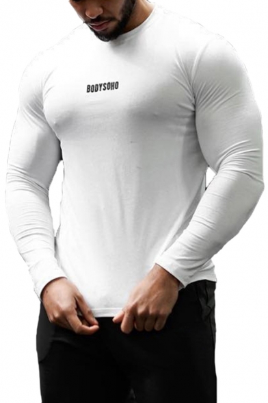 Basic Gym Mens Long Sleeve Crew Neck Letter BODYSOHO Print Slim Fit Stretchy T-Shirt