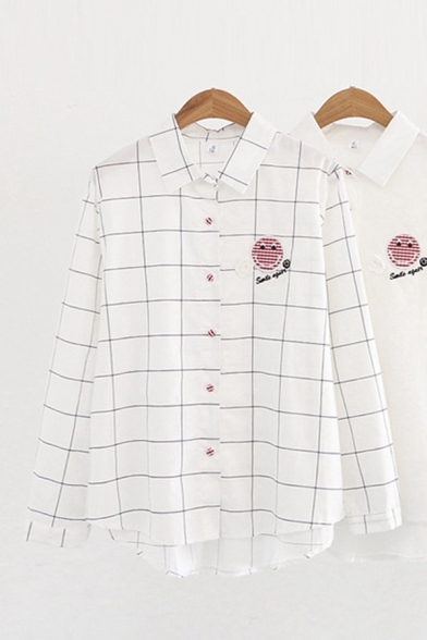 Casual Womens Long Sleeve Lapel Collar Button Down Smile Face Embroidery Plaid Stripe Polka Dot Curved Hem Loose Shirt in White