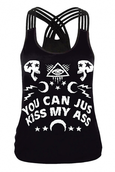 Chic Black Punk Sleeveless Round Neck Hollow Out Back Letter YOU CAN JUS KISS ME ASS Skull Moon Graphic Slim Fit Tank Top for Girls