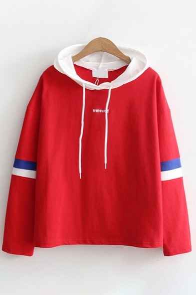 

Chic Streerwear Long Sleeve Drawstring Letter WEREWOLF Stripe Print Contrasted Loose Fit Hoodie for Girls, Red;white;navy, LM611863